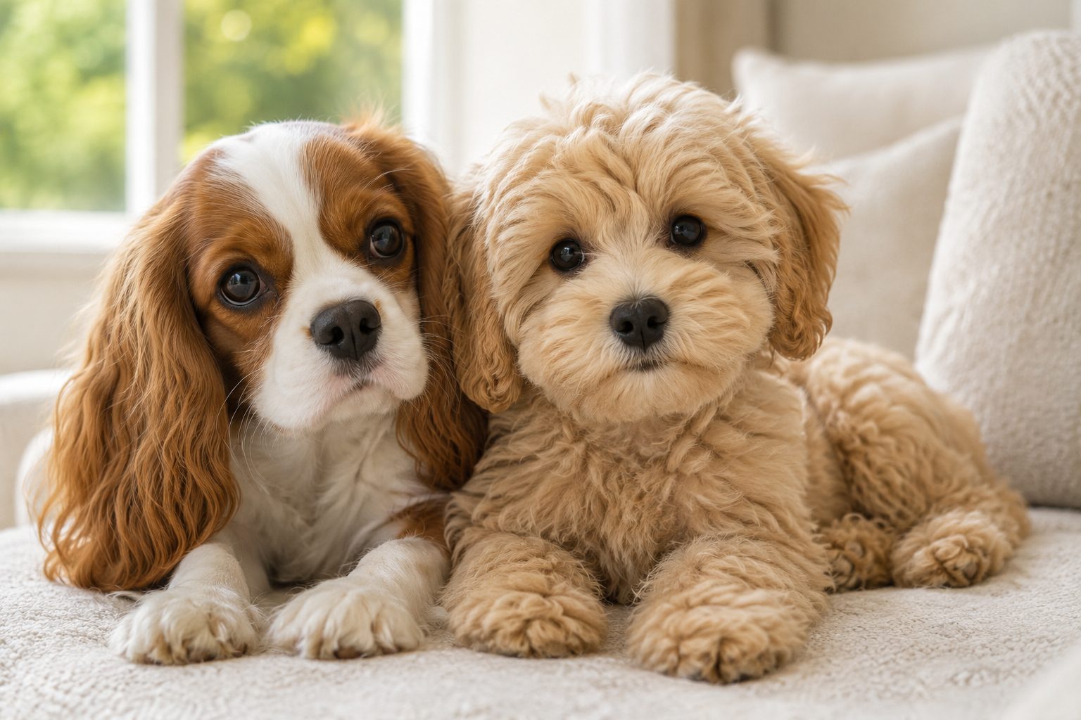 A Cavalier King Charles Spaniel puppy and a Maltipoo puppy sitting together on a couch
